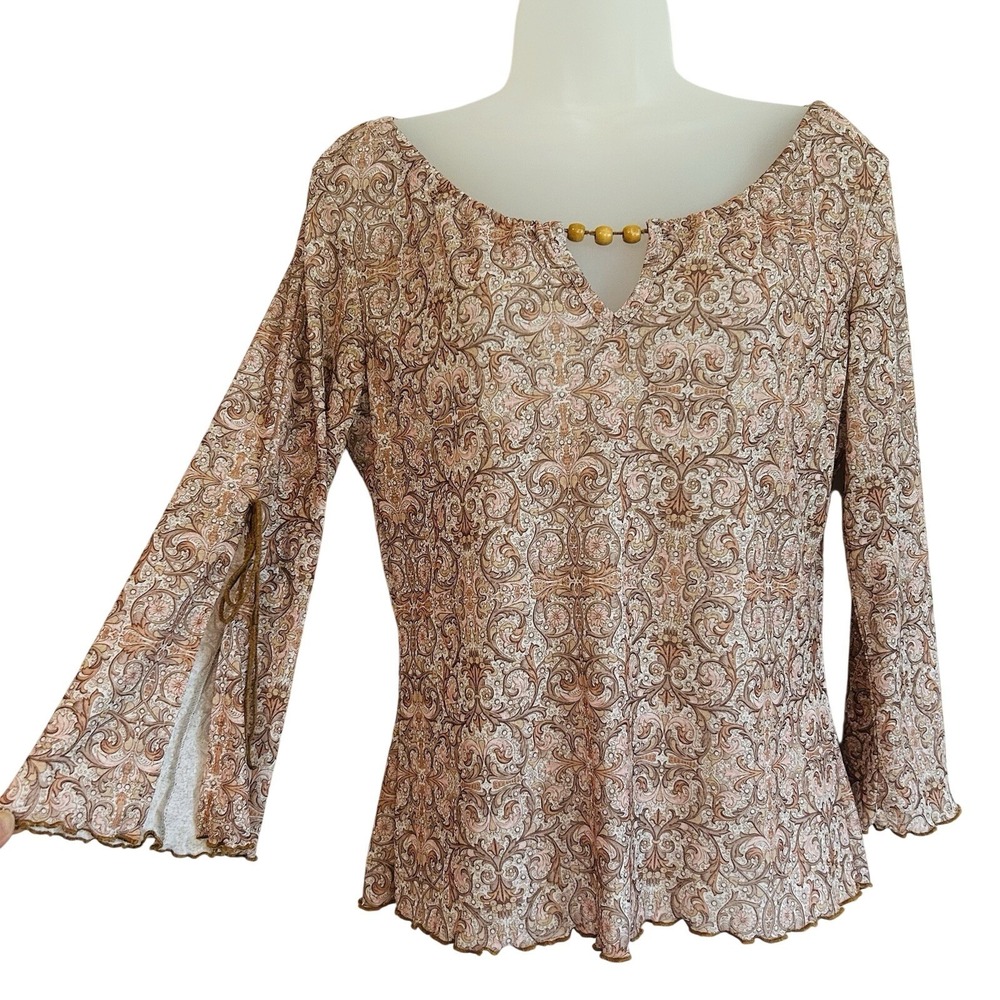 Vtg Xhilaration Top Sz L Sheer Hippie Festival Beads Flare Sleeve Lettuce Hem